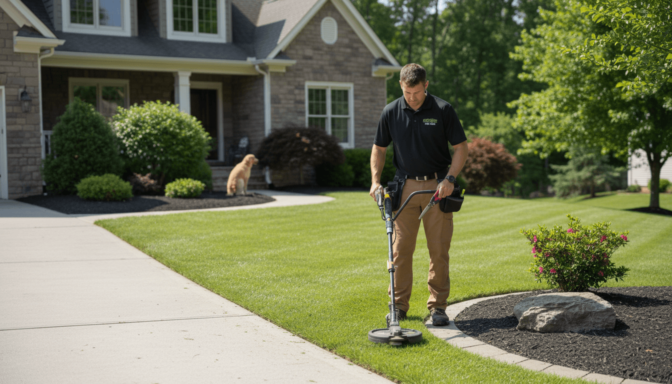 Professional lawn care specialist trimming and edging a residential yard in Kannapolis