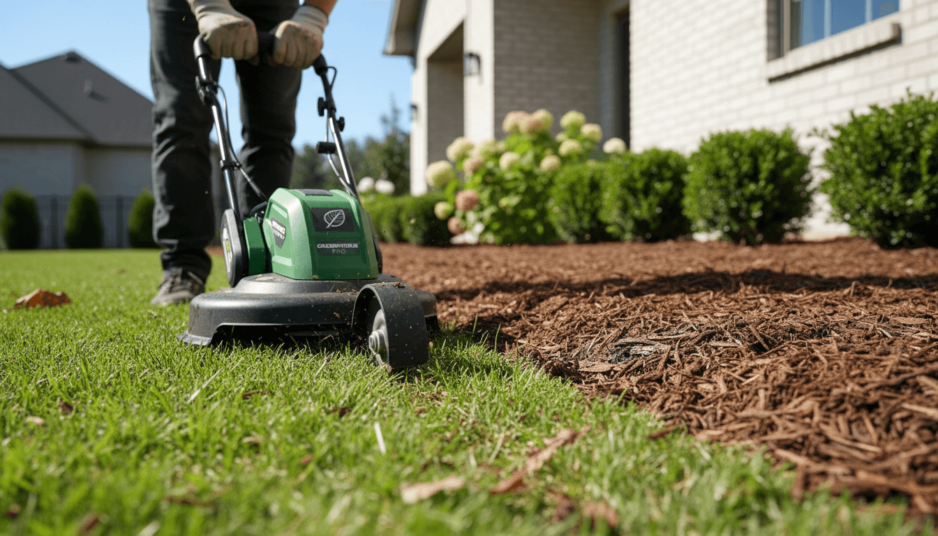 Professional landscaper using precision edger to trim sharp grass line along mulch garden bed in bright sunlight