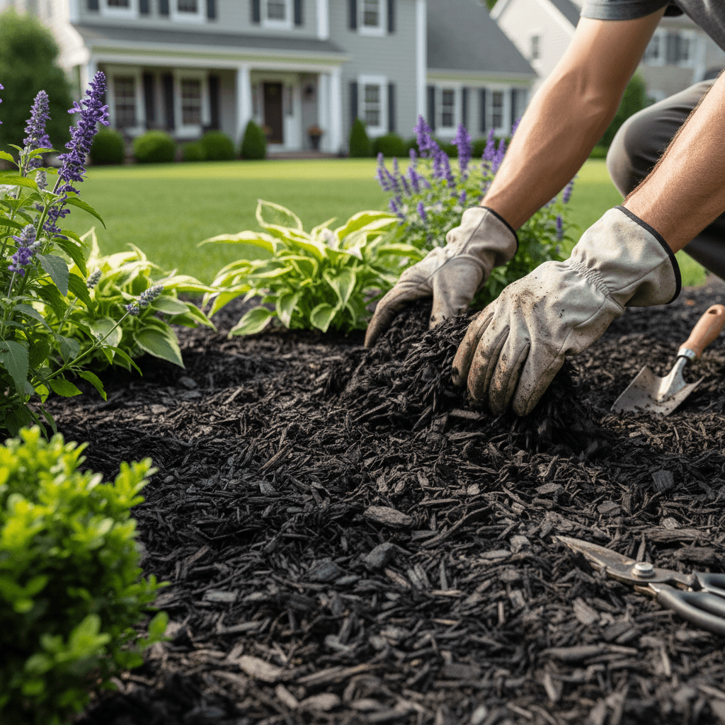 Fresh mulch applied to landscaping beds