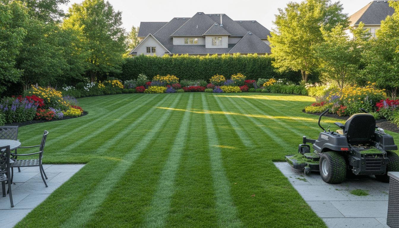 Completed lawn care service showing manicured landscape and yard cleanup