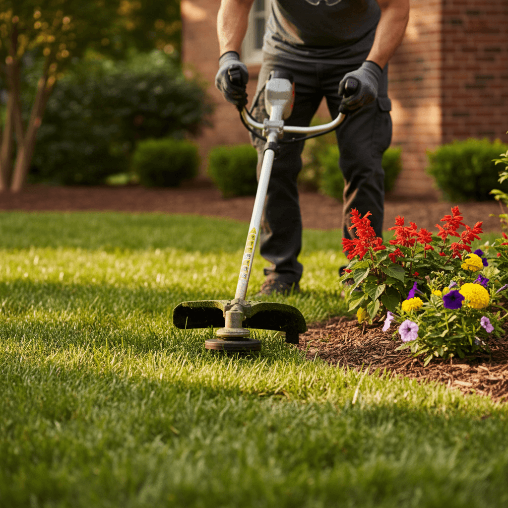 Professional lawn care expert performing precision edging work