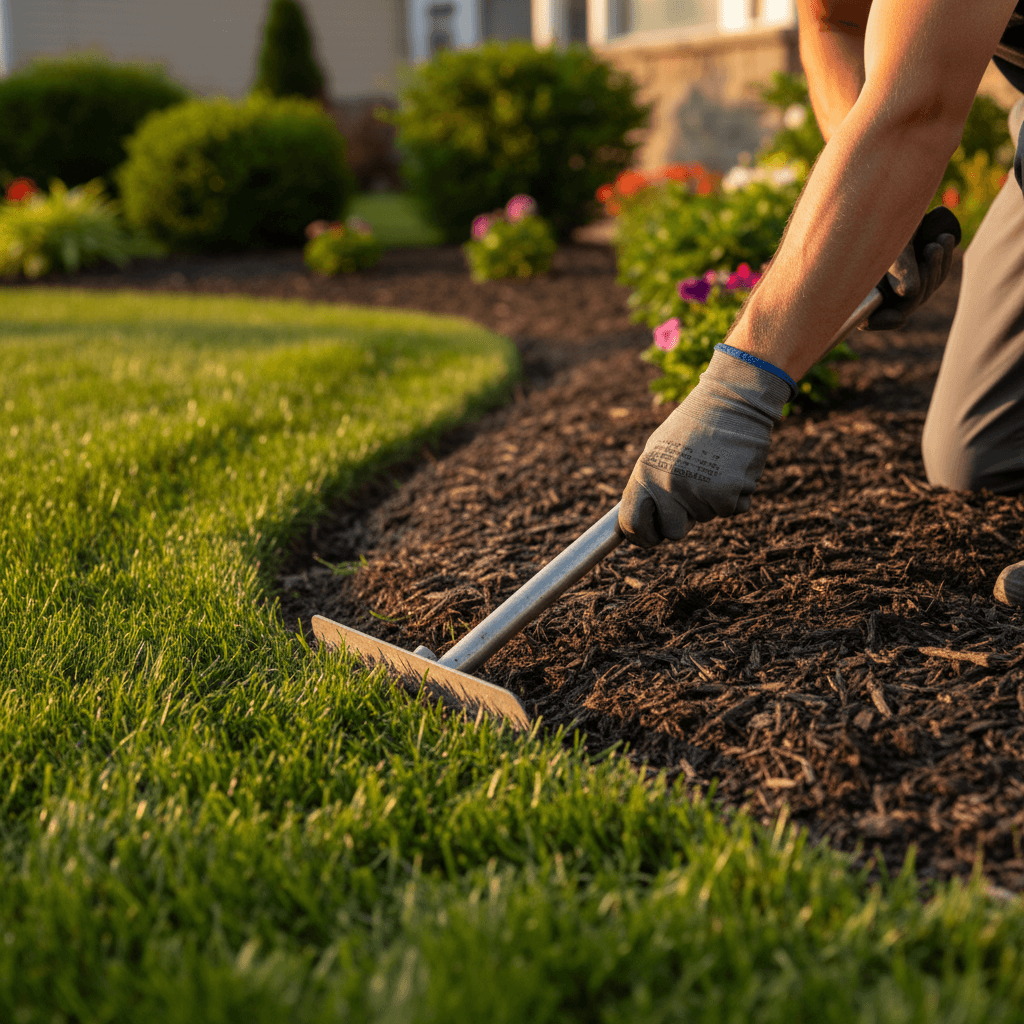 Professional landscaper maintaining a well-groomed residential lawn with precision edging and fresh mulch